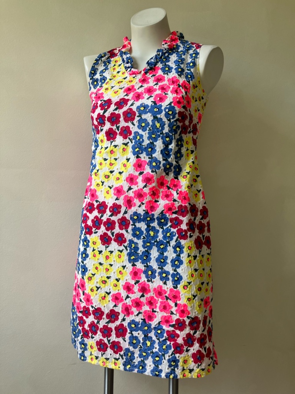 Talbots | Vintage Floral Eyelet Lace Ruffle-Neck Shift Mini Dress